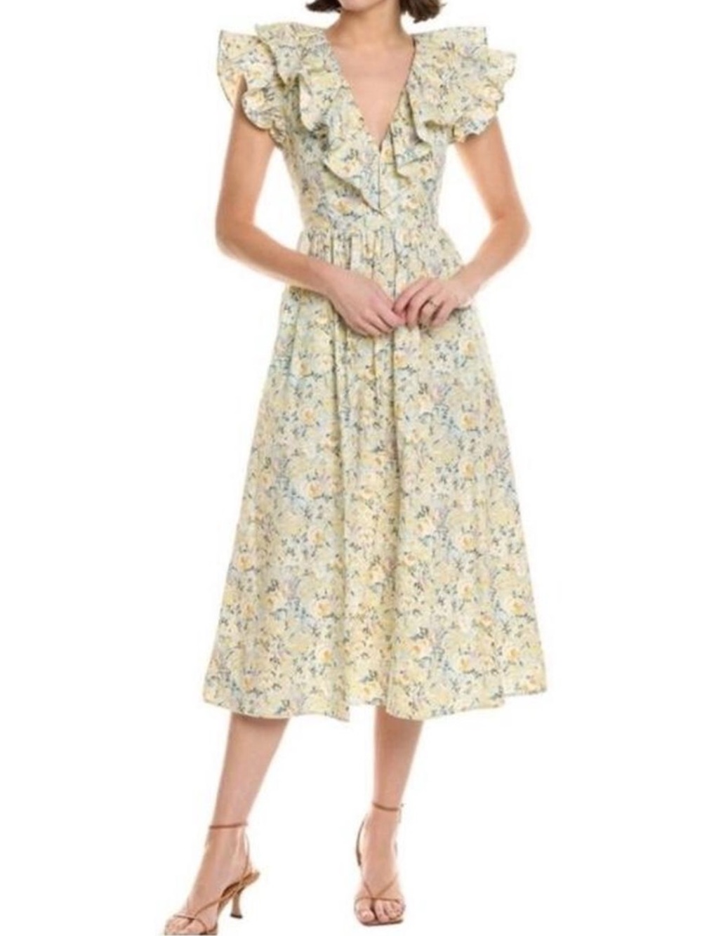O.P.T. Kate Floral Ruffle Midi Dress Medium Yellow Blue‎ Cottagecore Prairie